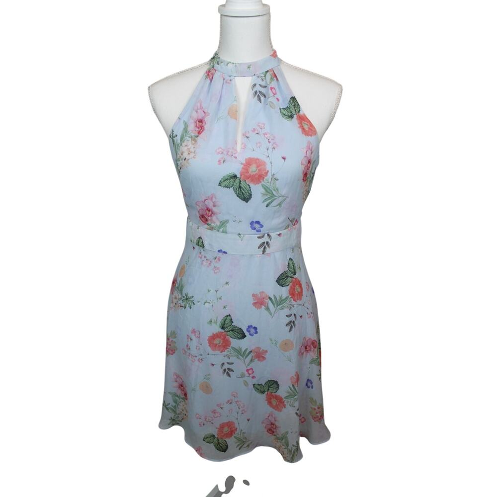 Express Blue Floral Halter Fit & Flare Cottage Fairy Romantic Flowy Mini Dress